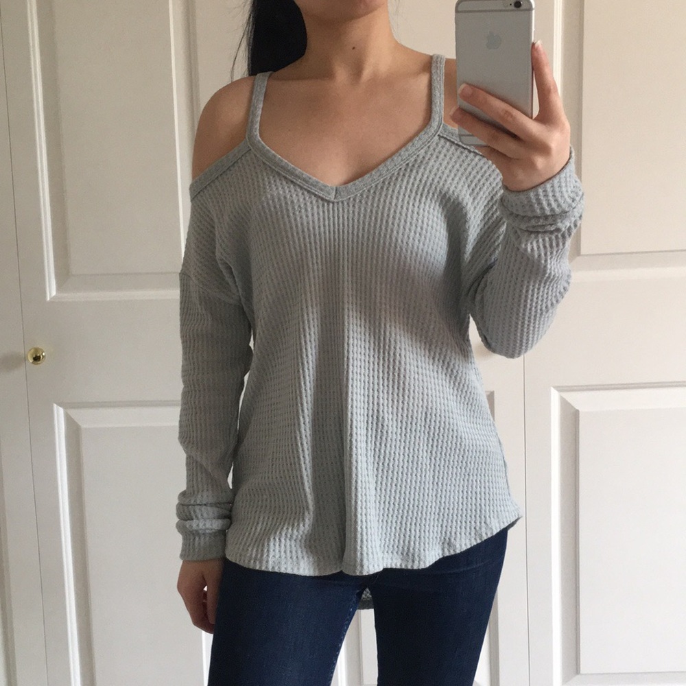 LIV - Light Blue Waffle Material Shoulder Cutout Top Blouse - Picture 4 of 7